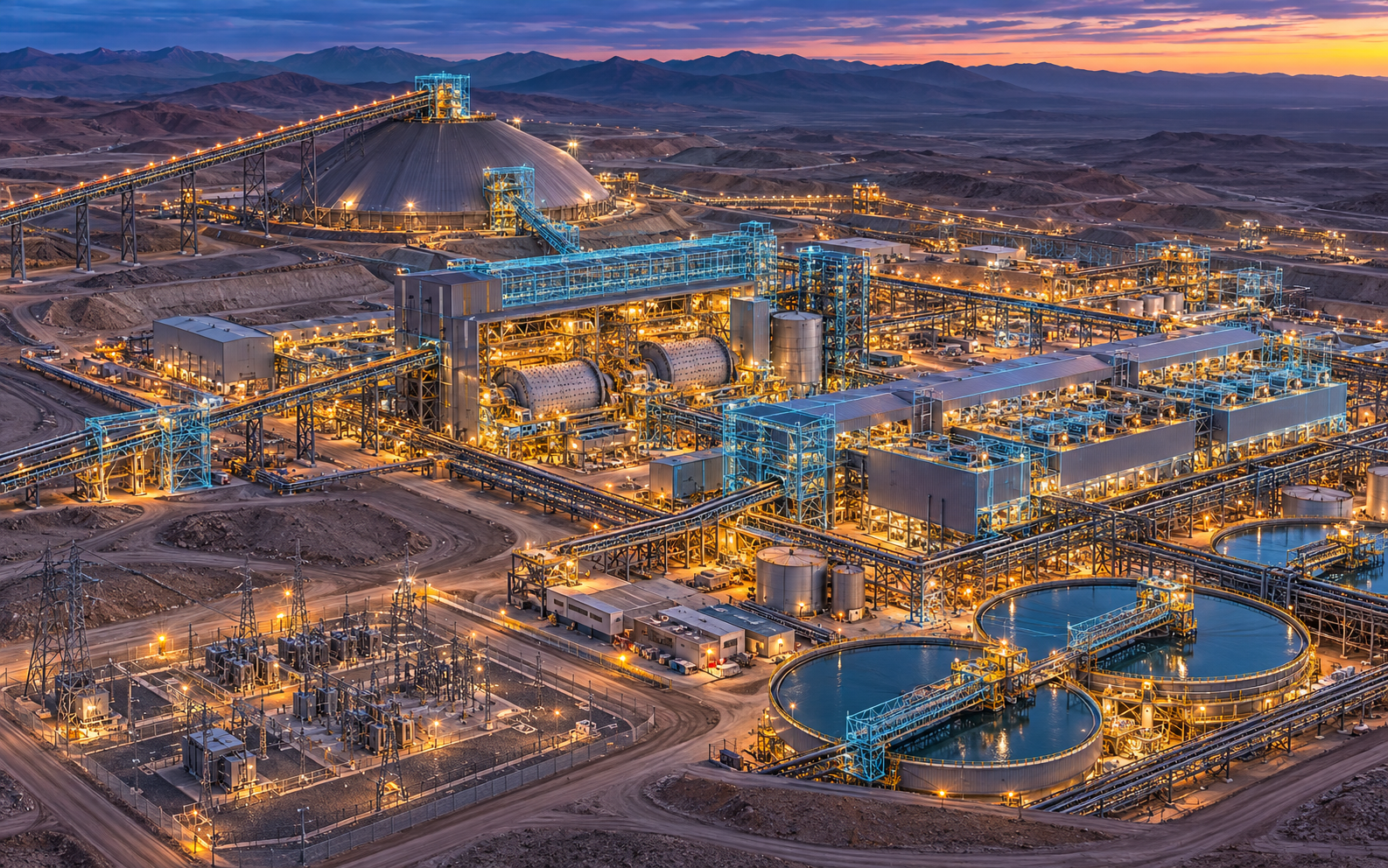 Visualización conceptual de una concentradora de cobre inspirada en Nueva Centinela, con estructuras digitales para representar planificación 4D