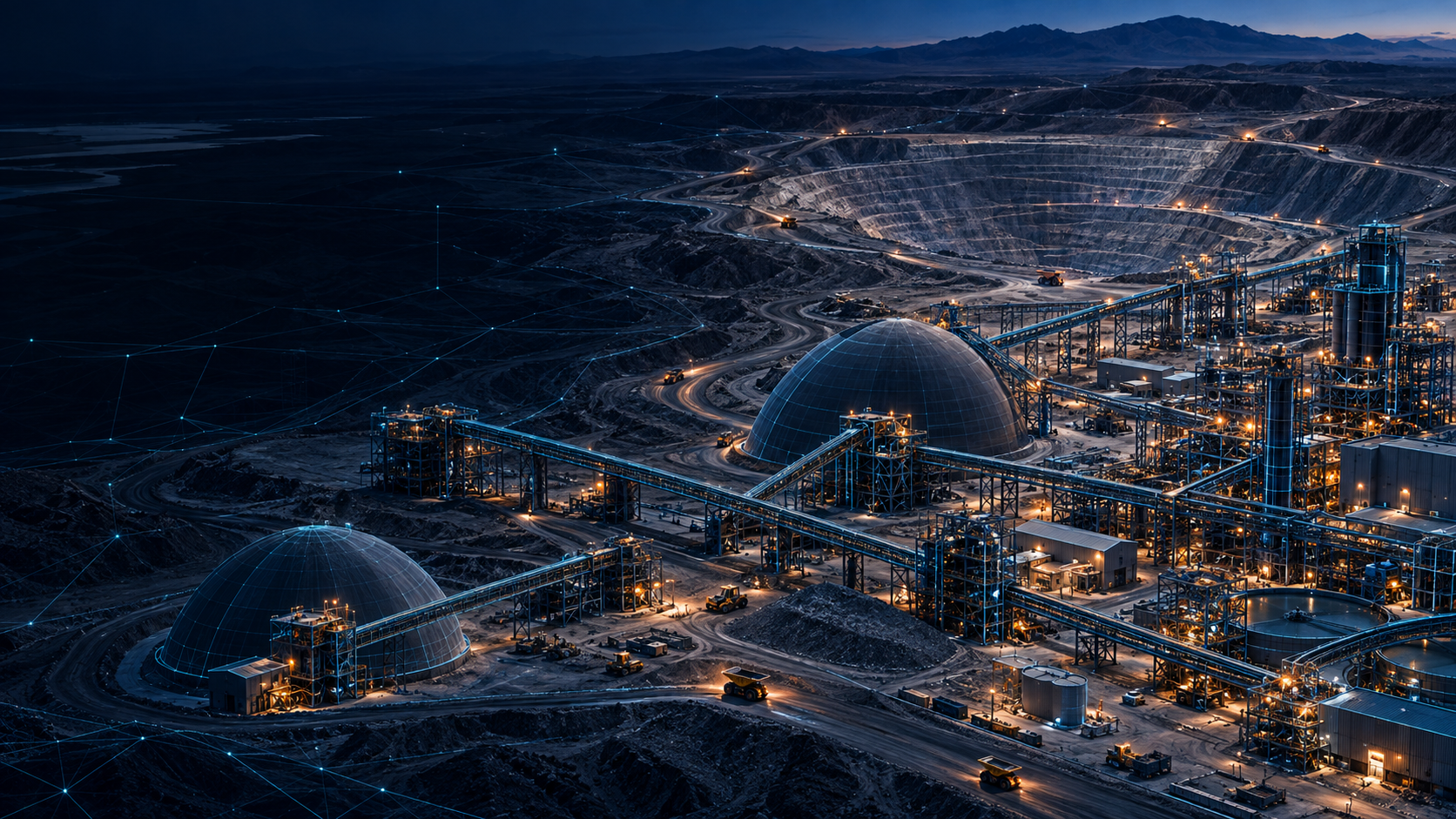 Visualización 3D conceptual de una mina a cielo abierto con domos, correas y planta industrial, con trazos BIM en azul y cian